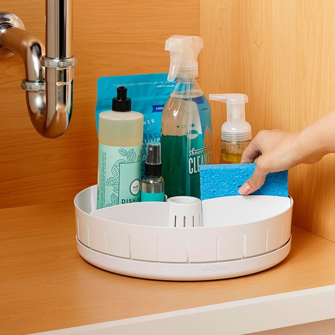 YouCopia SinkSuite Under Sink Turntable with Adjustable Dividers, Lazy Susan Organizer for Kitchen or Bathroom Storage, White