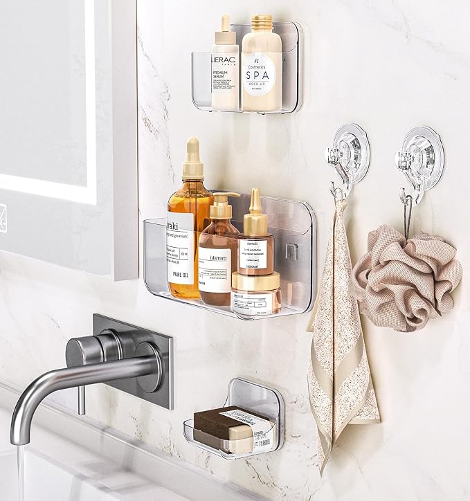 Shower Shelves 5 Pack Clear Acrylic Bathroom Organizer Caddy | Large Capacity, Adhesive Shower Caddy with Soap Holder and Hooks, Waterproof and Rustproof, Multiple Drainage Holes