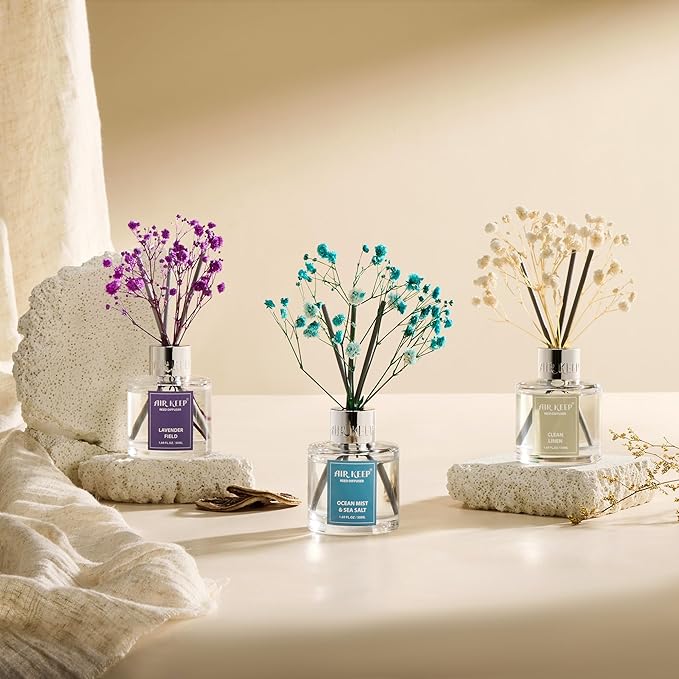 Airkeep Reed Diffuser Set,1.69 fl oz (50 ml) - Ocean Mist&Sea Salt Oil Diffusers with 8 Reed Sticks,Home Fragrance Reed Diffuser for Bathroom Shelf DecorSALT