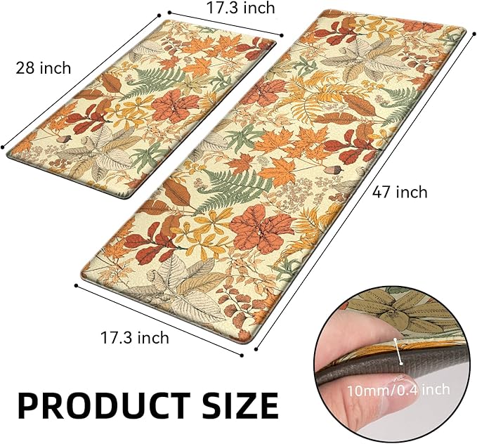 Orange Brown Botanical Kitchen Rugs Set of 2 Fall Maple Anti-Fatigue Kitchen Mat Natural Comfort Standing Waterproof PVC Mats 2/5" Thick Leather Carpet for Laundry Office Sink(17.3"x28"+ 17.3"x47")