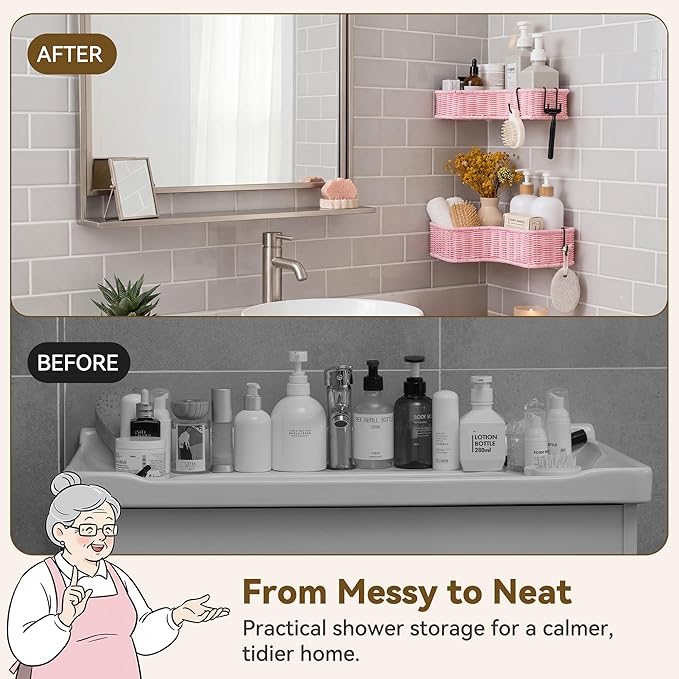 GRANNY SAYS 2 Pack Wicker Corner Shower Caddy Hanging, Shower Shelf for Inside Showers, Adhesive Shelves for Bathroom Organizers and Storage, Bathroom Shelves Wall Mounted with 4 Hooks for Decor, Pink