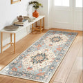 RELEANY Area Rugs Runner 2'x5' Washable Non-Slip, Floral Vintage Distress Medallion Carpet for Kitchen Hallway Bedroom Beside Laundry Room Bathroom, Beige Navy Blue Orange Colorful