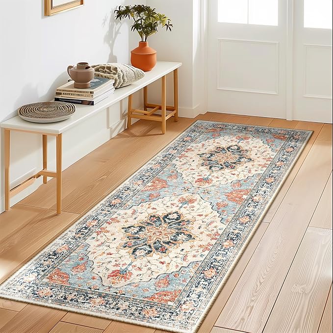 RELEANY Area Rugs Runner 2'x5' Washable Non-Slip, Floral Vintage Distress Medallion Carpet for Kitchen Hallway Bedroom Beside Laundry Room Bathroom, Beige Navy Blue Orange Colorful
