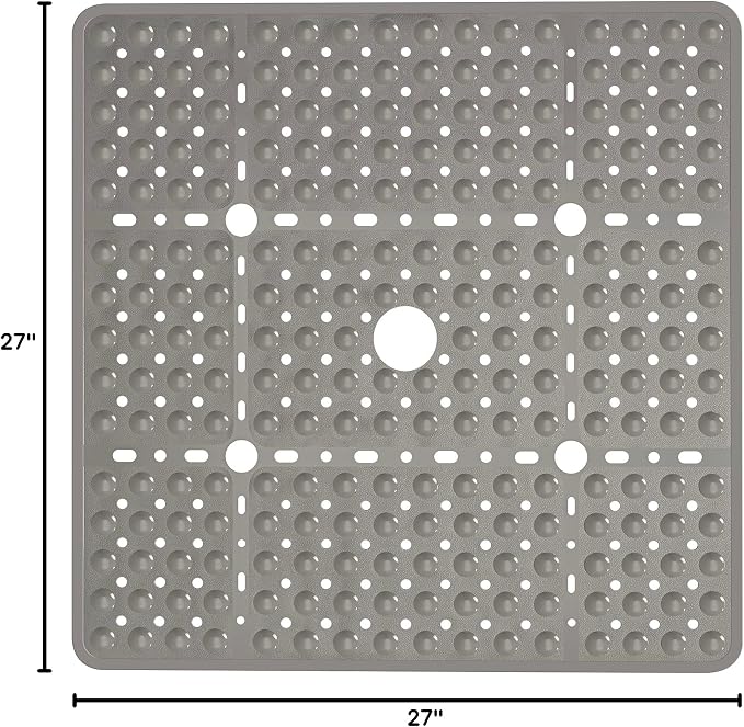 Large Square Shower Mat 27 x 27 Inch Clear Gray, Non Slip Shower Bathtub Mats for Inside Shower with Big Suction Cups Drain Holes, Anti Slip Bathroom Floor Stall Mats, Easy Clean, BPA-Free