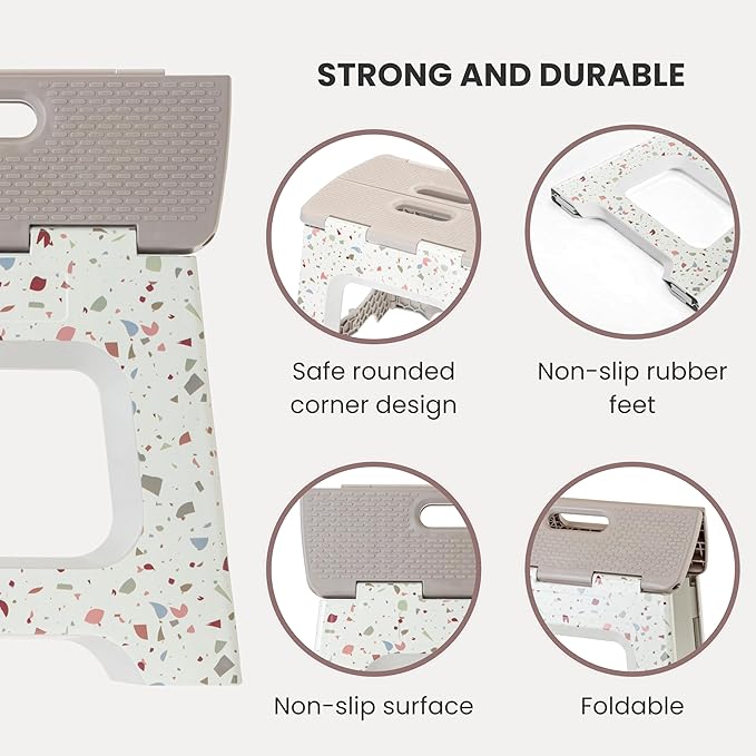 Vigar Compact Folding Step Stool - 10-1/2 Inch Foldable Step Stool for Adults, Lightweight Portable Stool with Handle, Non Slip Step Stool, Space Saving Stool up to 330 lb - Terrazzo Body