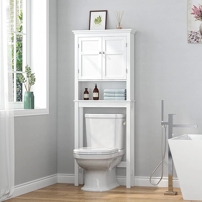 UTEX Over The Toilet Storage Cabinet, Over Toilet Bathroom Organizer with Adjustable Shelves, Above Toilet Storage Cabinet Space Saver, White