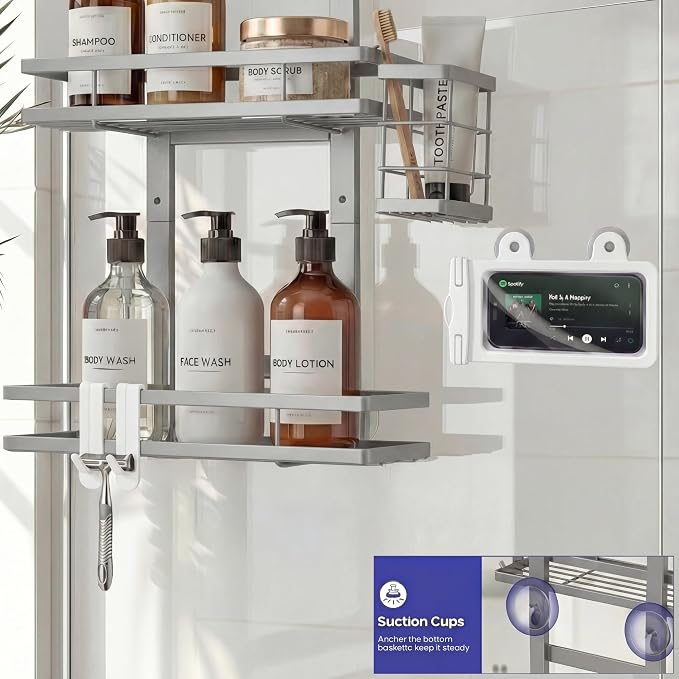 Over the Door Shower Caddy Hanging, Rustproof Shower Shelves with Waterproof Phone Pouch, 2-Tier Adjustable Bathroom Organizers and Storage, No Drilling Shampoo Soap Shelf (Silver 2-Tier)