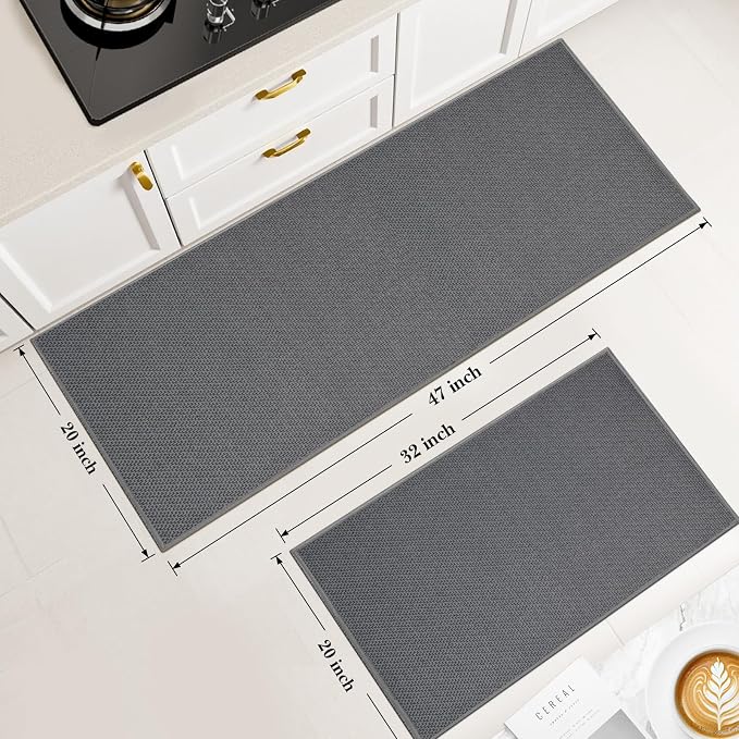 Kitchen Rugs and Mats, Non Slip Washable Set of 2 PCS, Absorbent Kitchen Mats for Floor, Kitchen Runner Rug, Rubber Backing, for Kitchen Decor, Front of Sink (Grey, 20’’*32’’+20’’*47’’)