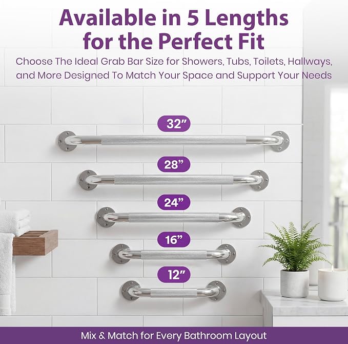 18 Inch Grab Bars for Bathtubs and Showers - Chrome Knurled Bathroom Safety Rail Handle - Non Slip Textured Grip Handicap Grab Bar for Seniors, 250 lbs Weight Support Capacity