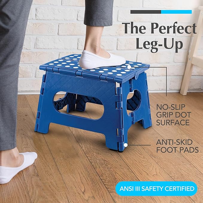 Handy Laundry Folding Lightweight Step Stool - Sturdy Enough to Support Adults - Opens Easy with One Flip - Great for Kitchen, Bathroom or Bedroom (Blue - 9 Inch)