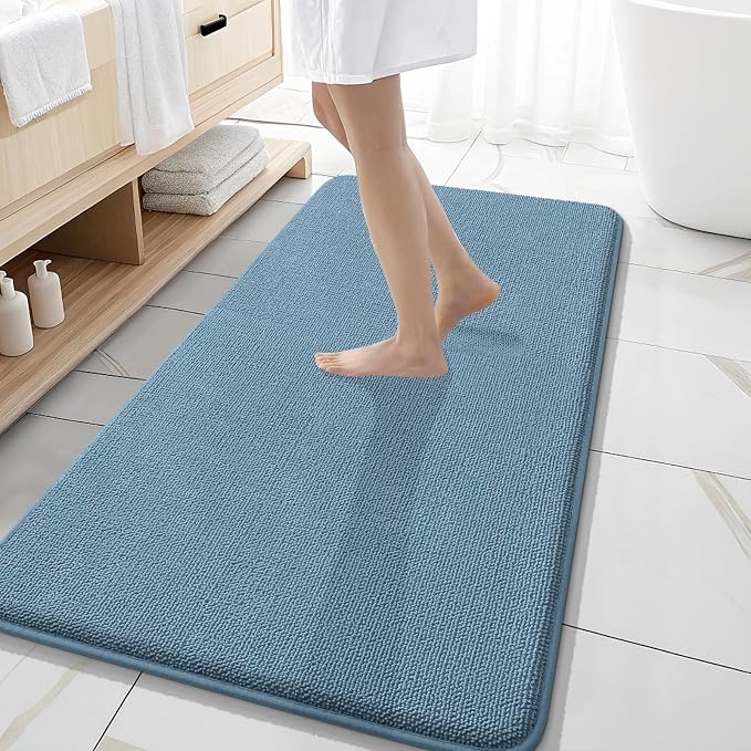 OLANLY Thick Memory Foam Bathroom Runner Rugs 47x20, Extra Soft Absorbent Long Bath Rug, Quick Dry, Non-Slip, Machine Washable Bath Mats for Bathroom, Tub and Shower, Home Decor Accessories, Airy Blue