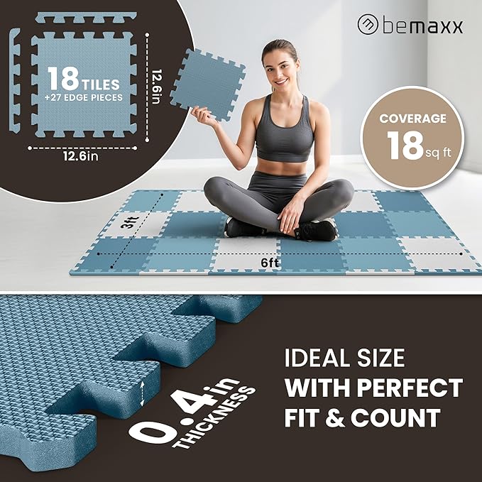 bemaxx Gym Mats Set - 18 pcs EVA Interlocking Foam Floor Tiles (12.6"x12.6"x0.4") 18sqft Protective Gym Flooring Sports Home Workout Exercise Mats Puzzle Garage Fitness Play-Room Pool Treadmill Bike