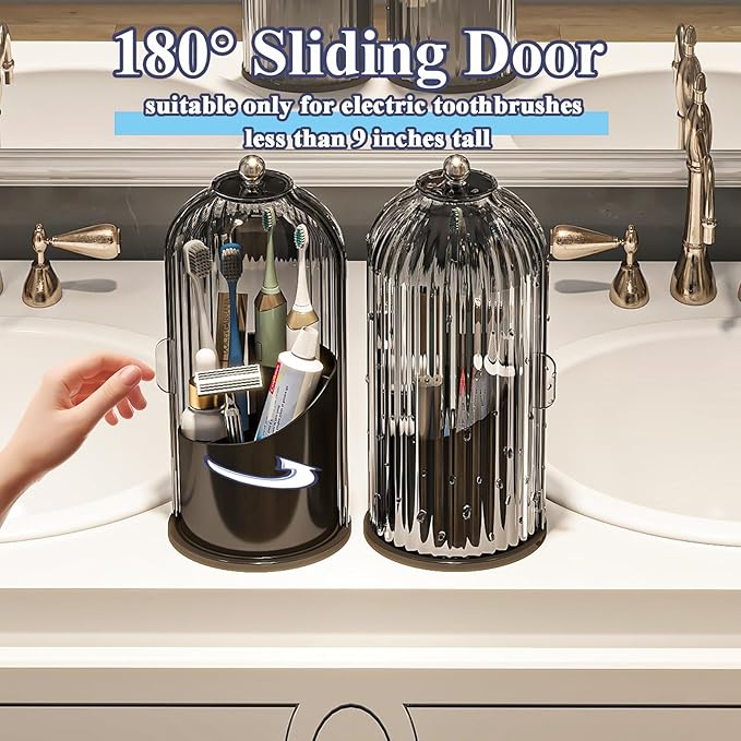 Toothbrush and Toothpaste Holders with Cover, Grey Black | Waterproof and Dustproof, 360° Rotating Base, Smooth Sliding Door, 3 Slots, for Bathroom Countertop
