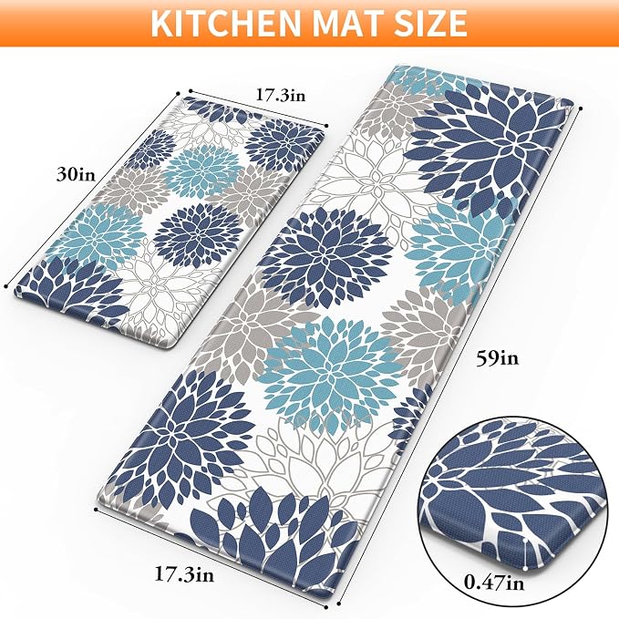 StepLively Kitchen Mats for Floor, 0.47" Anti Fatigue Mats for Floor, Kitchen Decor and Accessories Non Slip Washable Mats Set of 2 for Sink, Laundry, 17.3"×30"+17.3"×59", Blue and White