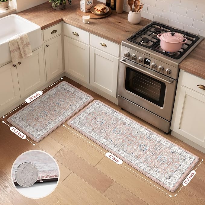KIMODE Anti Fatigue Mats for Kitchen Floor, Boho Floral Kitchen Rugs Sets of 2, Cushioned Kitchen Floor Mats, Comfort Standing Desk Mat for Sink, Laundry, Desk Pink Multi 17"x29.5"+17" x47”