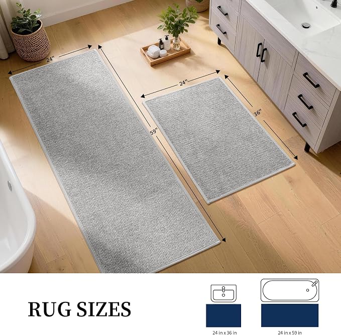 YIHOUSE Long Large Bathroom Rugs Sets 2 Piece, Quick Dry Thin Bath Mat, Non Slip Absorbent Machine Washable, Bath Runner Rug for Tub Sink Home Decor (24"x36" + 24"x59",Gray)