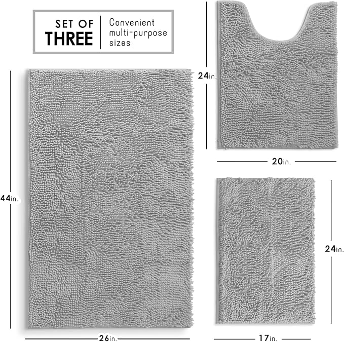 Hearth & Harbor Bathroom Rugs, Chenille Bath Mat - Machine Washable Bath Mats for Bathroom Non-Slip Backing Rubber, Quick Dry Mat - Silver Bath Rug, 17x24-26x44-20x24