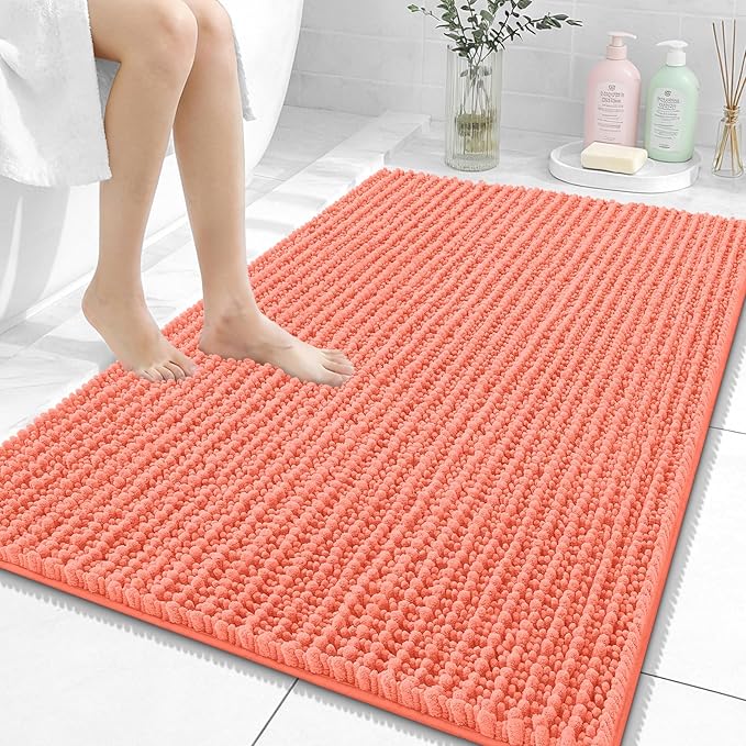 OLANLY Bathroom Rug Mat 40x32, Thick Soft and Absorbent Chenille Bath Mat, Non-Slip Rubber Backing, Machine Washable Quick Dry Bath Rugs for Tub Shower Floor, Home Decor Accessories, Coral