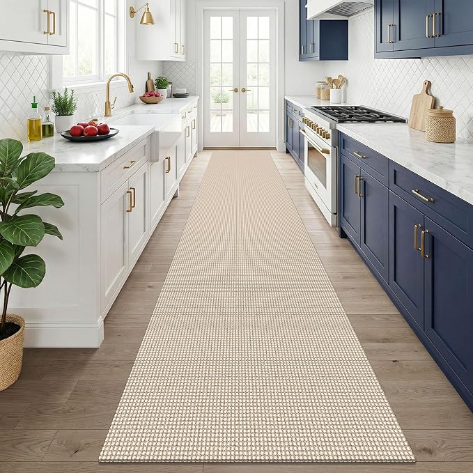 KOZYFLY 3x14 Runners Rugs for Hallway, Long Washable Runner Rug, Non Slip Rubber Backed Kitchen Runner, Flatweave Entryway Rug, Floor Carpet for Entry, Aisle, Hall, Ivory/Camel/Brown