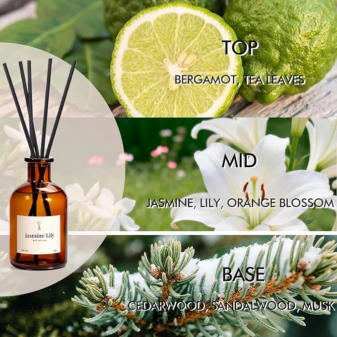 Reed Diffuser Set, 8.12 fl.oz Jasmine Lily Scented Diffuser with 10 Reed Sticks, Up to 120 Days, Home Fragrance Reed Diffuser for Bathroom Office Shelf Decor & Air Fresheners, 2 Pack