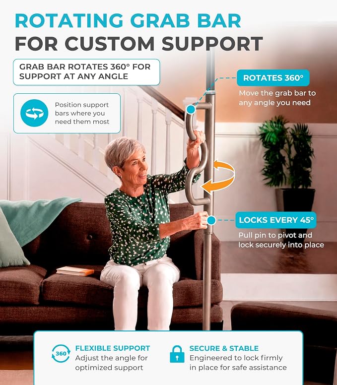 Stander Wonder Pole Plus with Rotating Double Grab Bar, Tension Mounted Security Pole for Seniors & Elderly Adults, No-Drill Floor to Ceiling Transfer Pole for Home & Bath Safety, Bronze