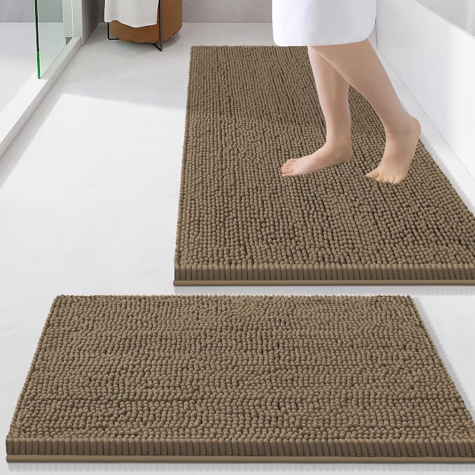 Smiry Bathroom Rugs Sets 2 Piece, Soft Absorbent Chenille Machine Washable Non Slip Shaggy Bath Rug Set for Tub, Shower, and Floor (34x21+24x16, Camel)
