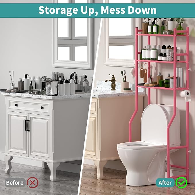 3-Tier Over The Toilet Storage Organizer, Space-Saving Bathroom Rack with Paper Holder & 4 Hooks, 64" Tall Freestanding Carbon Steel Shelf for Small Apartment Laundry Room (Pink)