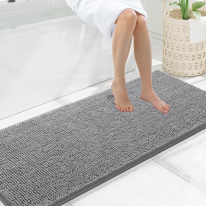Smiry Luxury Chenille Bathroom Rugs 59x20, Extra Soft and Absorbent Shaggy Bath Mat, Machine Washable, Non-Slip Plush Carpet Runner for Tub, Shower, and Floor, Home Decor Accessories, Grey