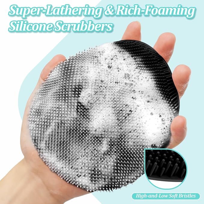 Silicone Back & Face Scrubber & Bath Glove Set 3PCS, 13.4'' Gentle Back Scrubber with Dual-Side Head, 360° Anti-Slip Bath Glove, Unique Side-bristled Face Scrubber for All-round Cleaning(Black)