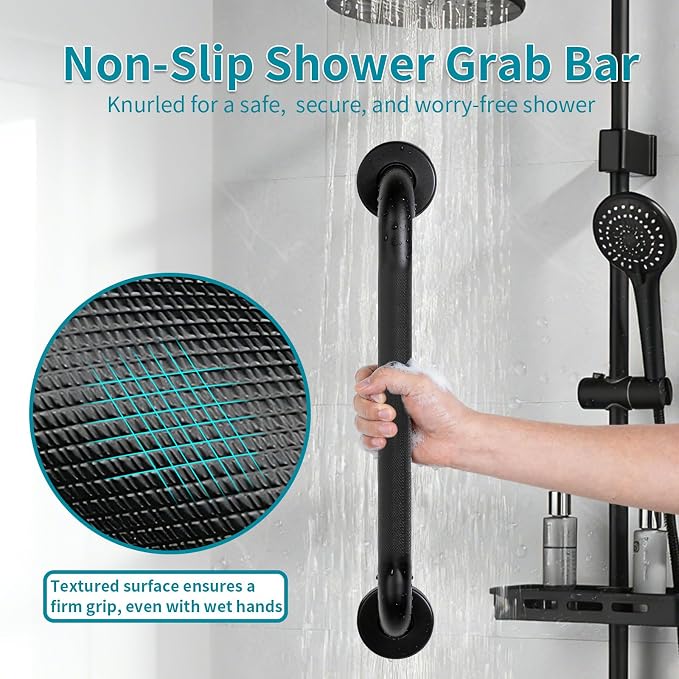 Shower Grab Bars for Seniors, 18 Inch Matte Black Bathroom Handle for Wall, Stainless Steel Anti Slip Bathtub Safety Bar, ADA Compliant 500 LBS Hand Rail for Elderly, Handicap