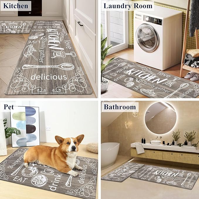 HEBE Kitchen Rugs Set of 2, Cushioned Anti Fatigue Kitchen Mats for Floor, Non Slip Waterproof Comfort Standing Desk Mat Carpet for Sink, Stove, Laundry Room