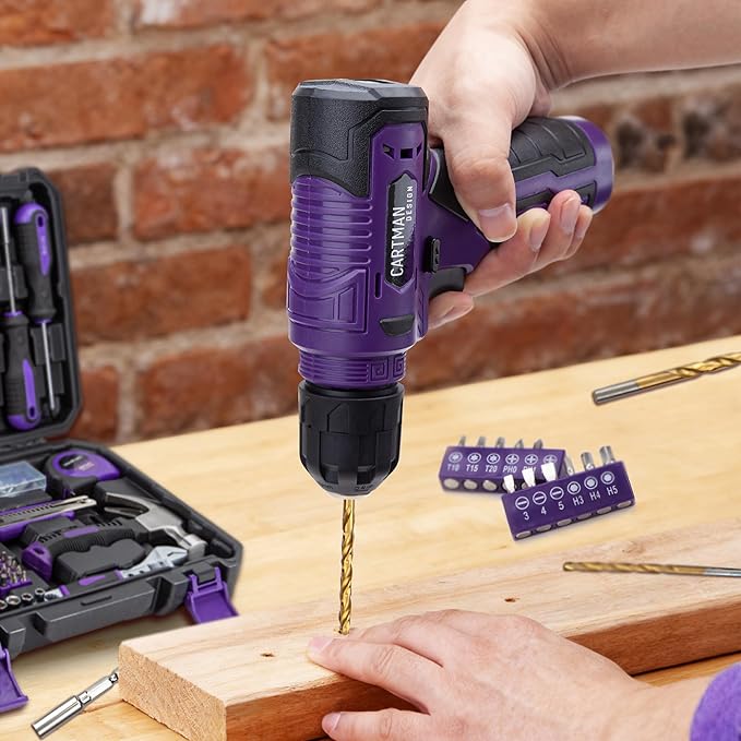 CARTMAN 150-Piece Household Tool Set, 8V Cordless Drill Driver Kit, Complete Hand Tool Kit for Home Maintenance, DIY Projects and Repairs, Purple