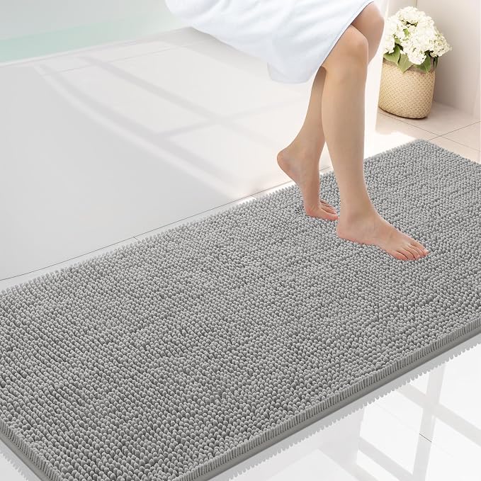 Smiry Luxury Chenille Bathroom Rugs 59x24, Extra Soft and Absorbent Shaggy Bath Mat, Machine Washable, Non-Slip Plush Carpet Runner for Tub, Shower, and Floor, Home Decor Accessories, Light Grey