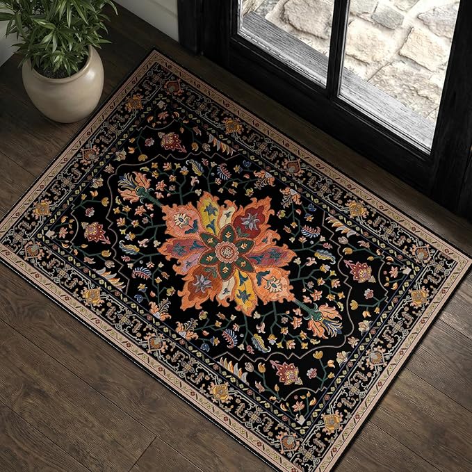 RELEANY Area Rugs Small 2'x3' Washable Non-Slip, Floral Vintage Distress Medallion Carpet for Kitchen Entryway Bathroom, Black Colorful Floral Dark Tan