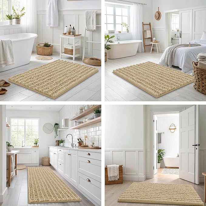 Smiry Bathroom Rugs Mat 34x21, Extra Soft Absorbent Chenille Bath Rugs, Non Slip Rubber Backing Machine Washable Quick Dry Bath Mats for Bathroom Floor, Tub, Shower, Home Decor Accessories, Beige