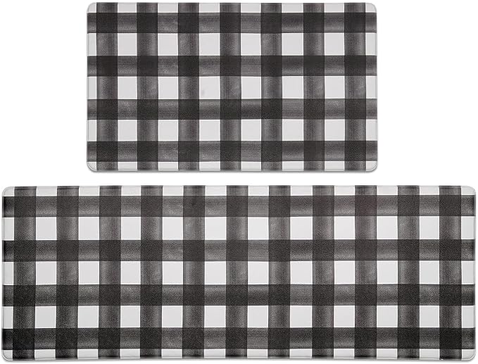 FRESHMINT Modern Farmhouse Plaid 2 Piece Set Kitchen Mats for Floor Anti Fatigue Waterproof & Non-Skid Kitchen Rugs Cushioned Kitchen Mat for Standing Washable Comfort Desk Kitchen Runners