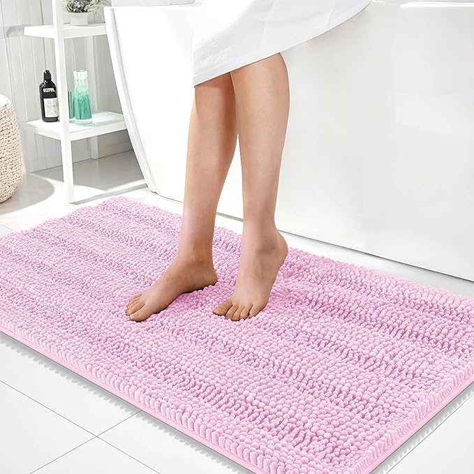OLANLY Thick Bathroom Runner Rugs 44x24, Extra Absorbent Chenille Striped Bath Rugs, Rubber Backing, Machine Wash Dry, Long Bath Mats for Bathroom Floor, Tub and Shower, Home Decor Accessories, Pink
