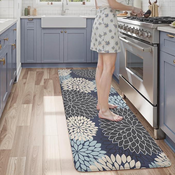 KIMODE Anti Fatigue Kitchen Mats for Floor, Boho Dahlia Floral Kitchen Rugs 24" x 59", Cushioned Mats for Kitchen Floor, Non Slip Kitchen Floor Mats, Sink, Laundry, Office,Blue Multi