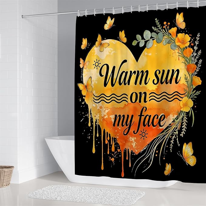 LQCOOL 4Pcs Black Orange Shower Curtain Set, Summer Bathroom Sets, Waterproof Bathroom Sets with Shower Curtain and Rugs, Shower Curtain with 12 Hooks