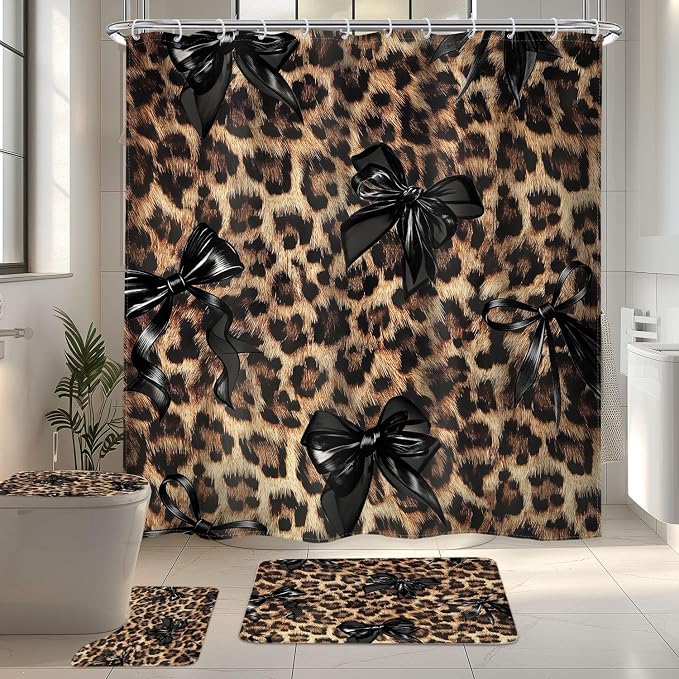 4 PCS Leopard Black Bow Shower Curtain Set 72Wx72H,Toilet Lid Cover,Non-Slip Rugs and U-Shaped Mat, Girly Cheetah Bathroom Sets with Rugs Shower Accessories 12 Hooks for Bathroom Decor