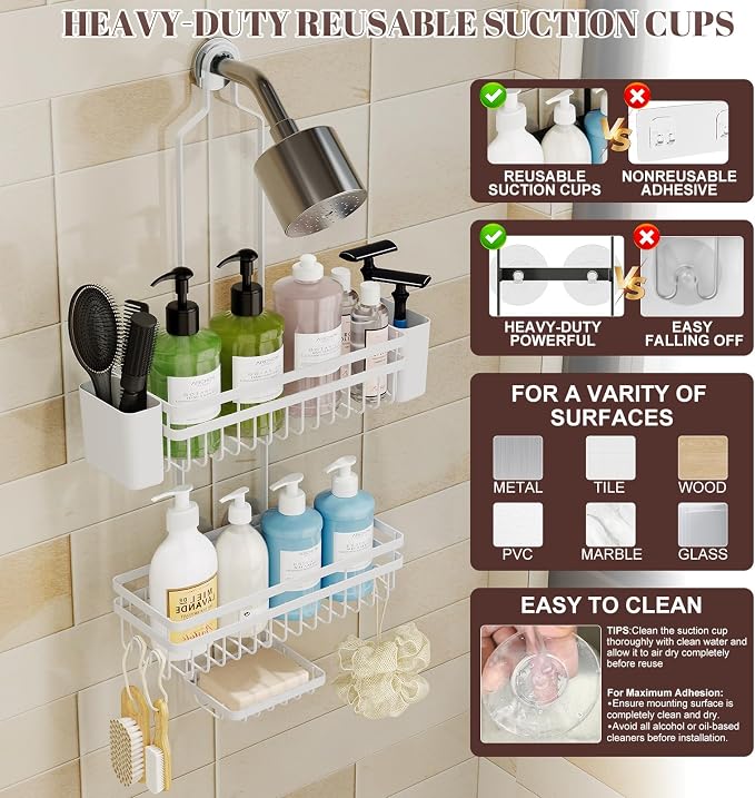 Shower Caddy Hanging for Bathroom Organizers and Storage, 3 Tier Adjustable Anti-Swing Shower Organizer hanging with Heavy-Duty Suction Cups, Damage-Free Rustproof (White)