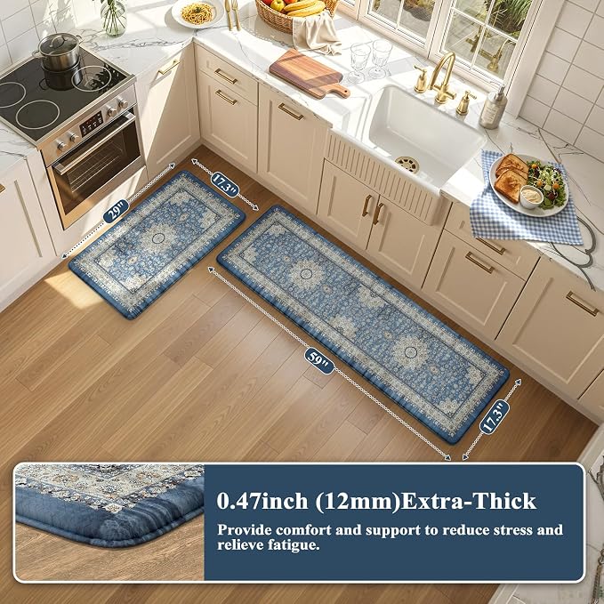 Collive Boho Kitchen Mat, Cushioned Anti Fatigue Kitchen Rug Set 2 Piece Non-Skid Waterproof Kitchen Mats for Floor, Comfort Heavy Duty Standing Mat for Kitchen, Laundry, Office, Desk