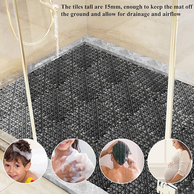 12 Pack Interlocking Floor Tiles 11.8" x 11.8" Interlocking Rubber Floor Mat Outdoor Non Slip Splicing Drainage Mats for Shower, Deck, Pool, Patio, Balcony, Kitchen, Yard