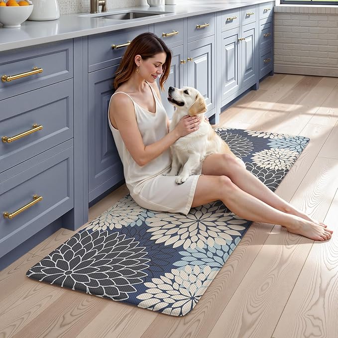 KIMODE Anti Fatigue Kitchen Mats for Floor, Boho Dahlia Floral Kitchen Rugs 24" x 59", Cushioned Mats for Kitchen Floor, Non Slip Kitchen Floor Mats, Sink, Laundry, Office,Blue Multi