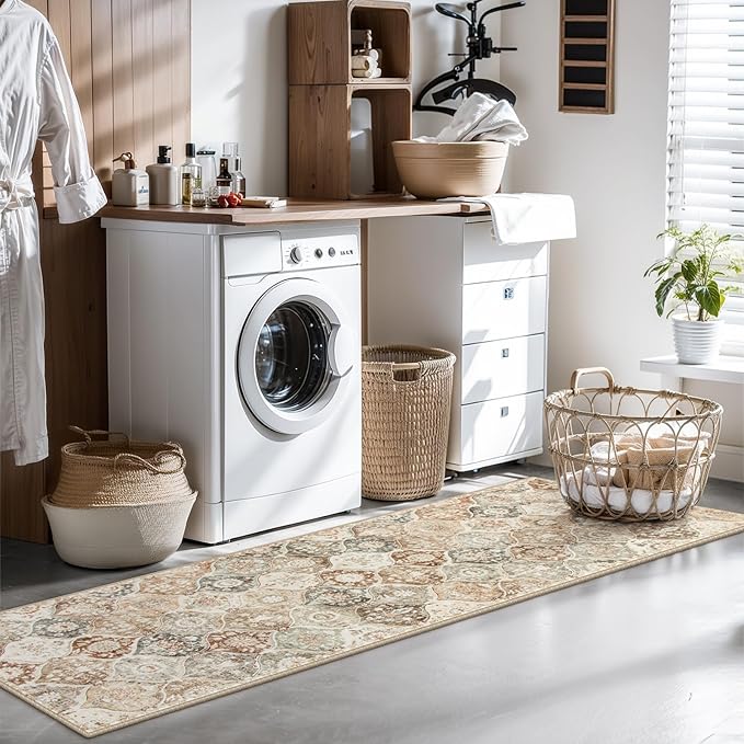 Lahome Moroccan Trellis Hallway Runner Rug, 2x6 Kitchen Runner Rugs Non Skid Washable, Vintage Laundry Room Rug Ultra-Thin Long Carpet for Bathroom Bedroom Entryway Elise, Khaki