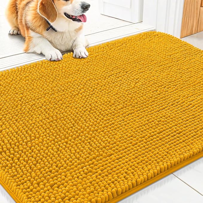 Smiry Dog Door Mat for Muddy Paws 30x17, Absorbent Dirt Trapper, Non-Slip Washable Chenille Entryway Rug for Inside Floor, Golden Yellow, Classic Solid
