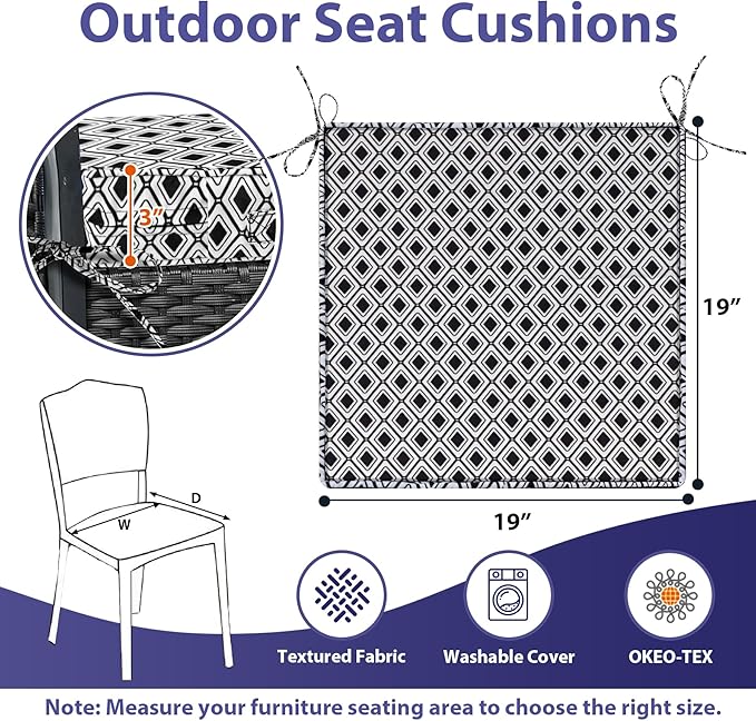 IPYNBAP Outdoor Chair Cushions Set of 4 -Waterproof Outdoor Seat Cushions for Patio Furniture, Patio Chair Cushion with Handle and Ties, Out Door Chair Pads,19x19x3-Square, Black Geometry