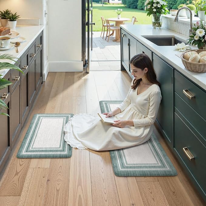 KIMODE Anti Fatigue Kitchen Mats,Farmhouse Kitchen Rugs Non Slip Rubber Backing,Waterproof Kitchen Mat for Floor,Green Laundry Room Rug,Cushioned Standing Desk Mat for Kitchen Decor,Bathroom Sink