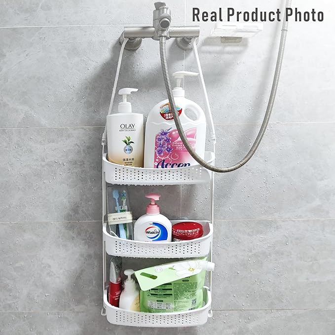 Heavy duty shower caddy hanging; 3 tiers supper large plastic shower basket over the showerhead; never rust baskets over the door, shower organizer for bathroom without tools, White