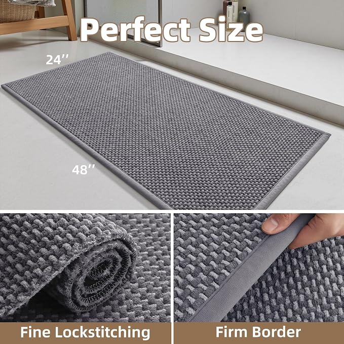 PADOOR-Bath Mat Runner-Super Absorbent Chenille Bathroom Mats-Rubber Backed Bath Mats for Bathroom Non Slip, Easy Clean Bathroom Runner Rugs Front of Bathtub,Shower Room,Sink-24×48